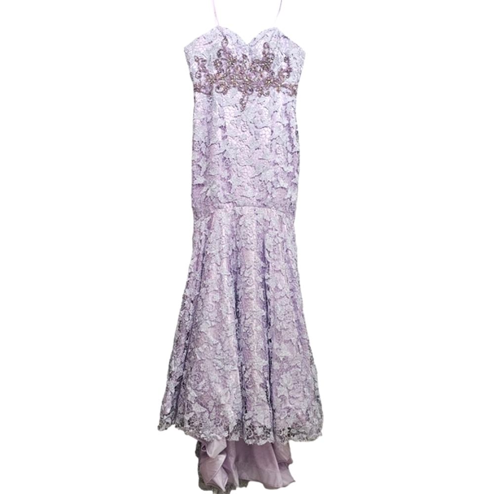 RSVP Lilac Lace Glam Sweetheart Neck Beaded Accent Mermaid  Prom Dress w/Train